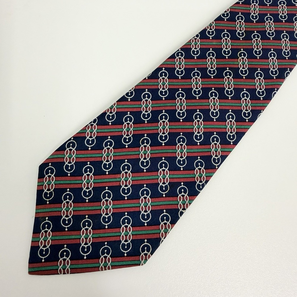 Hermes Men's Tie Chain Link Nautical Striped Navy/Red/Green 984 SA Silk 3" x 55" - Picture 5 of 9